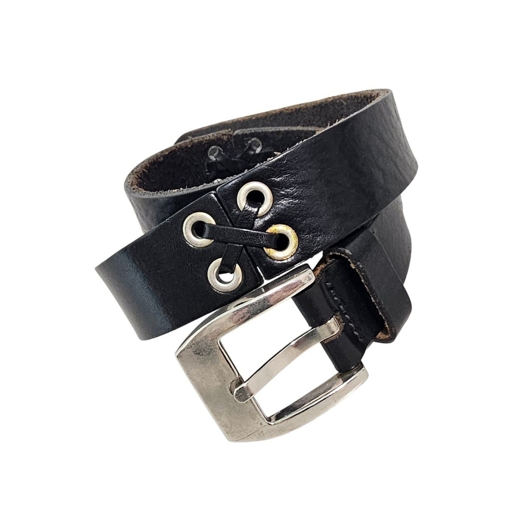 Express Women Belt Medium Black Italian Leather Lace Up Grommet 90s Y2K Emo Indy